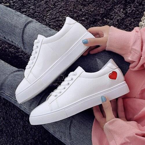 Zapatillas Mujer Women White Flat Sneaker Shoes Student PU Leather Love Heart Print Casual Sports Running Shoes New 2020