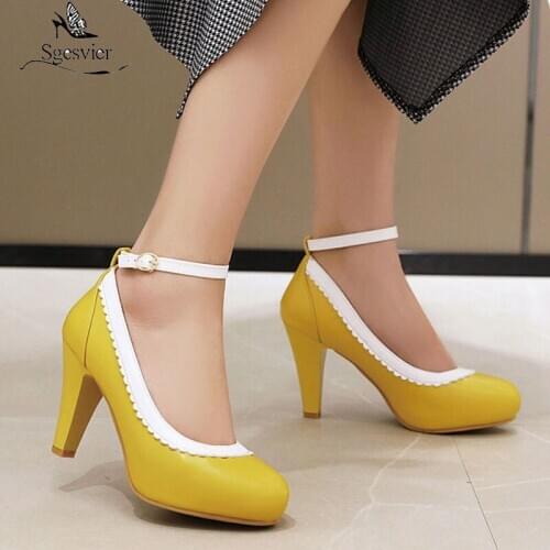 Sgesvier 2020 Summer New Ankle Strap Women Pumps High Heels Platform Round Toe Office Party Beige Bride Wedding Shoes Woman