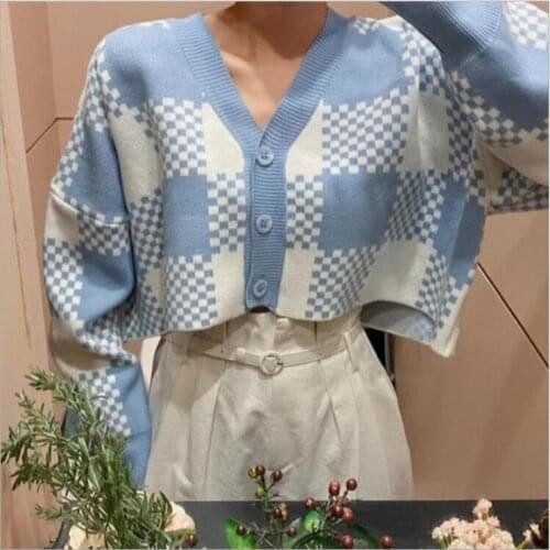 Autumn Womens Sweater Cardigan Color Block Long Sleeve Short Knitted Smock V-neck Buttons Loose Ladies Casual Sweater Jacket