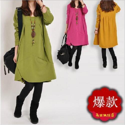 Autumn Style Pregnent Dress Cotton Women Clothing O-Neck Full Sleeve Solid Korean Style Loose Knee-Length Dress C19