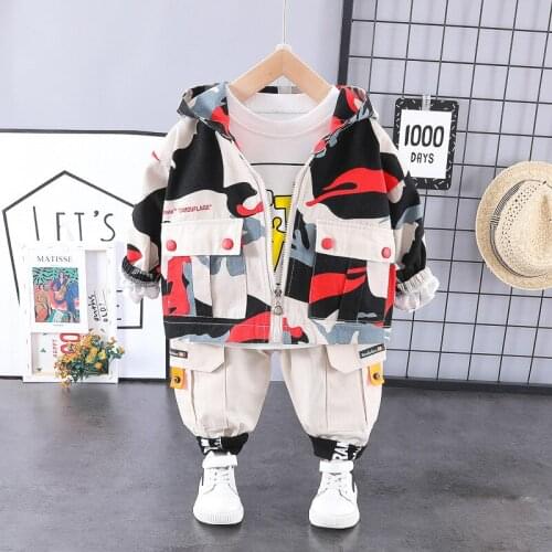 1 2 3 4 Years Boy Hooded Camo Clothes Zip Coat Tshirt Trousers Fashion 3 PCS Casual Jacket Baby New Kids Outfits
