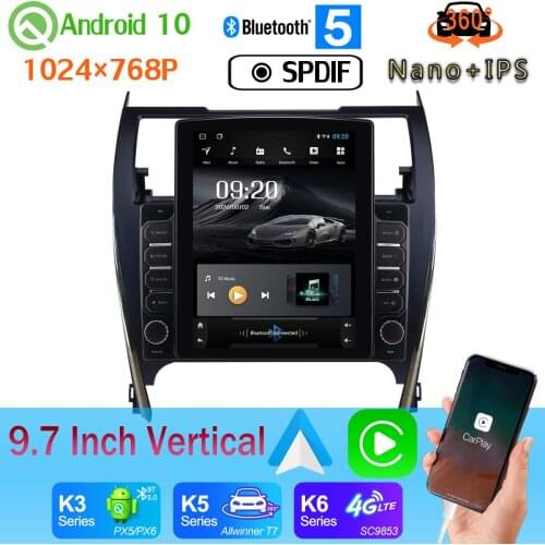 9.7" Tesla Style PX6 4+64G GPS CarPlay Android 10 Radio For Toyota Camry 2012- 2014 USA & Mid-east version 360 Camera Car Media