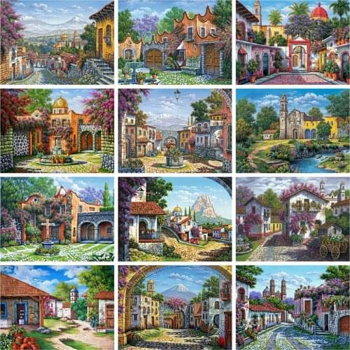 HUACAN 5d Diamond Painting Town Mosaic Street DIY Diamond Embroidery Landscape House Cross Stitch Home Decor Craft Kit