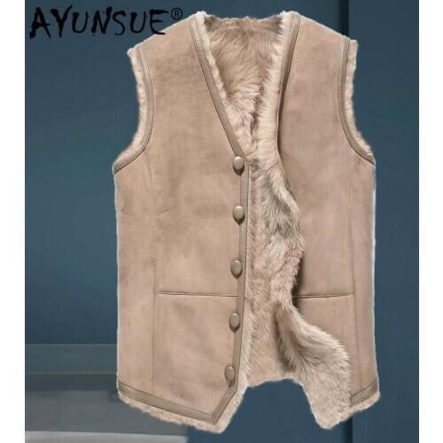 AYUNSUE Real Fur Coat Men Vest Winter Sheep Shearling Jacket Sleeveless Warm Natural Fur Coats Short Vests 2020 6012 KJ3638