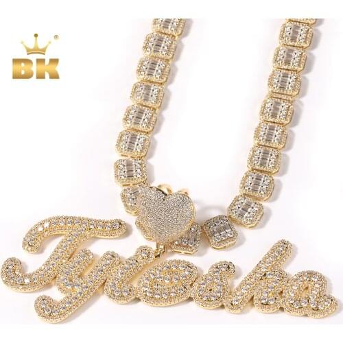 THE BLING KING Heart Bail Custom Brush Script Bubble Letter Two Tone Pendant Micro Paved CZ Personalized Necklace Hiphop Jewelry