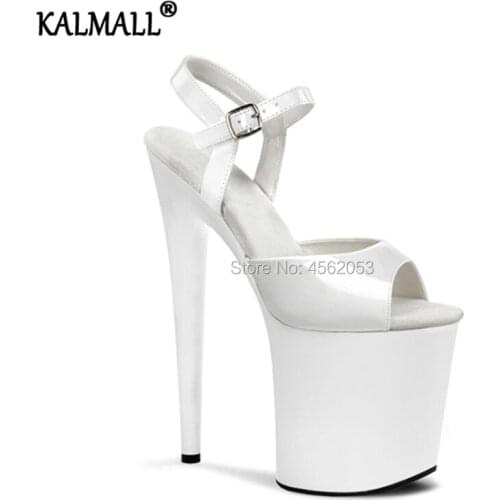 KALMALL Shiny Leather Black White Red Extreme High Sexy Stripper Shoes Summer Pole Dancing Heeled Shoes Platform Sandals Size 43