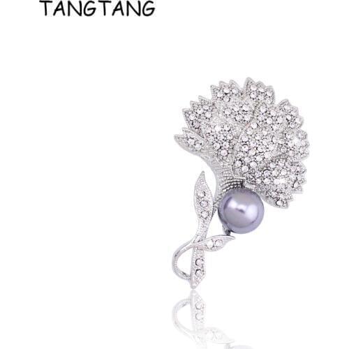 Cute Leaf Flower with Austria Crystal Long Brooches For Women Silver Color Full Austria Crystal Broches Pins with Pearl BH8373