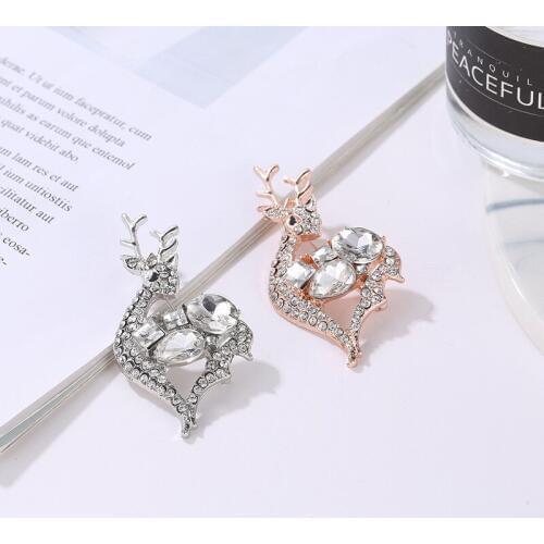 Vivid Deer Geometric Round Square Crystal Full Shiny Rhinestone Christmas Starry Bling Silver Plated Golden Brooches For Women