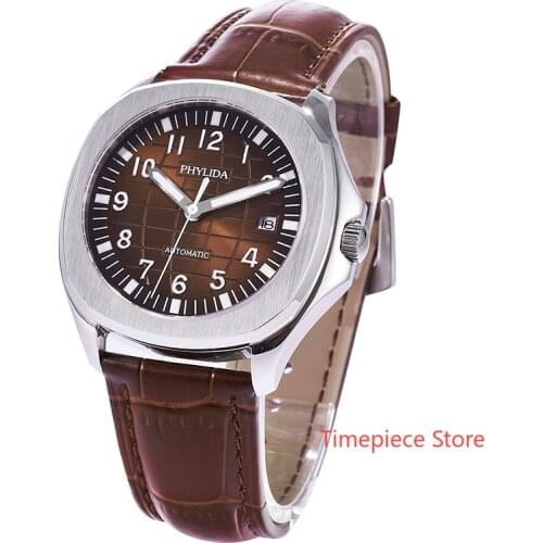 PHYLIDA 10Bar 39mm Brown Mens luxury Watch Custom Wristwatch JAPAN MIYOTA Automatic Green Lume Sapphire Crystal Leather Strap