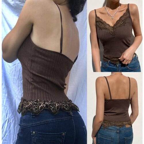 Hot Kf-Womens Sexy V-Neck Lace Small Sling Slim-Fit Vest Top Brown