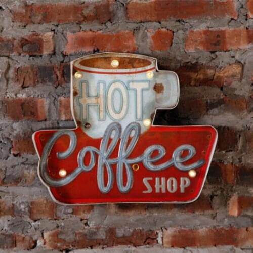 Coffee Shop Metal Tin Sign with LED Light, Vintage Art Poster Plaque Kitchen