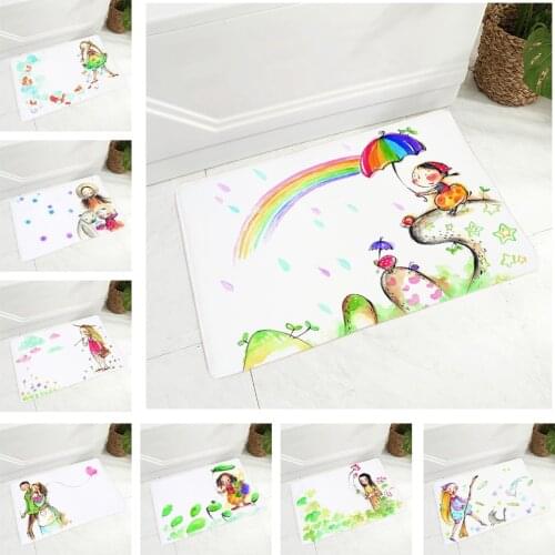 Watercolor Cute Girl and Boy Floor Mat for Children Room Hallway Decor Cartoon Kid Doormat Non-Slip Flannel Carpet 40x60cm