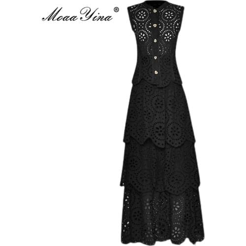 MoaaYina Designer Runway Summer Fashion Skirts Suit Womens Hollow single breasted Tops and Black cake Skirts Two Pieces Set