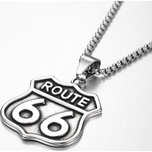 Fashion US Route66 Pendant Motorcycle Biker Rider Necklaces Stainless Steel Chain with 24inch for Men Punk Party Gift