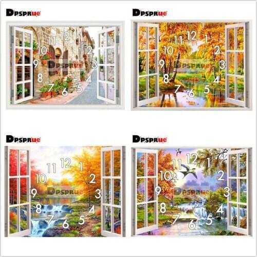Dpsprue 5D Diamond Painting Kit With Clock Cross stitch Full Square Round Diamond Embroidery Mosaic Window Scenery Gift