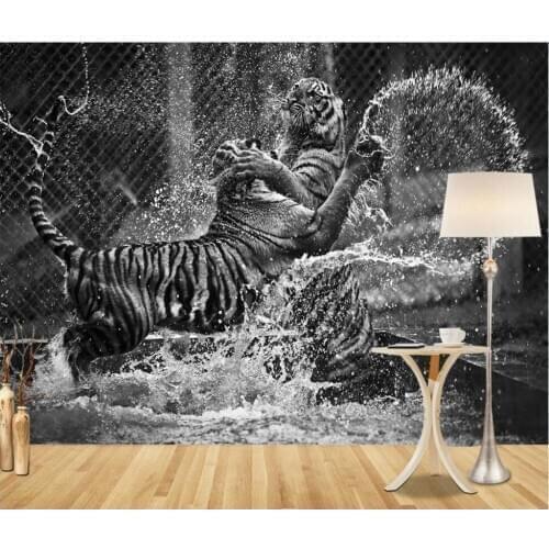 Custom photo 3d wallpaper Modern abstract art black and white tiger wrestling home decor 3d wall murals wallpaper for walls 3 d