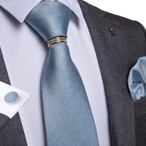 New Designer Mens Necktie Blue Solid Wedding Tie For Men Necktie Ring Silk Tie Set Hanky Cufflinks DiBanGu Business JZ-03-7143