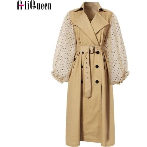 Autumn Women Patchwork Mesh Windbreaker Lapel Polka Dot Lantern Sleeve Trench Coat Khaki Lace Up Double Breasted Long Overcoat