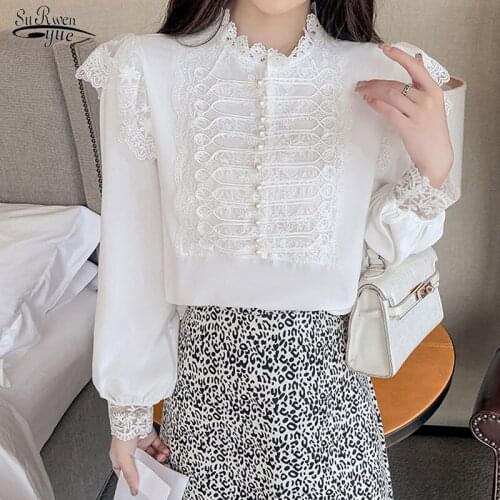 Autumn Retro Palace Lantern Sleeve Elegant Shirts Long-sleeved Beaded Lace Stitching Blouses Casual Fashion Glamour Shirts 16812