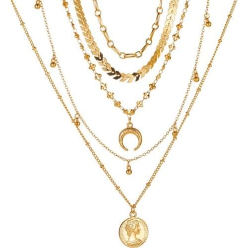 2021 Bohemian 5 Layer Necklace Retro Long Deity Coin Pendant Necklace Party Gift Fashion Female Accessories Jewelry Wholesale