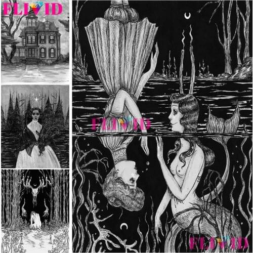Mysterious Art Folk Art Dark Wall Pictures Gothic Mermaid Art Prints Canvas Painting Dark House Witch Poster And Print Unframed