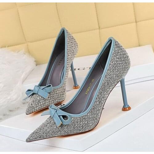 Butterfly-knot Pointed Toe Pumps Women fashion High Heels Shoes Slip on shoes shallow Weave Slides mixed color Zapatos De Mujer