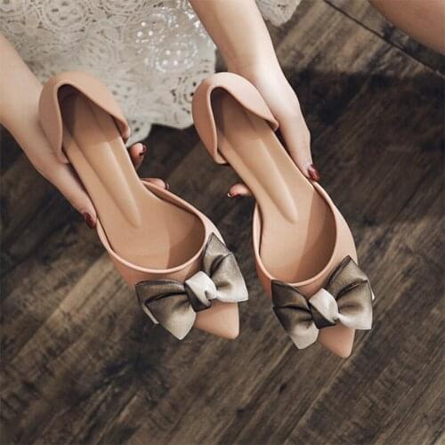 Women Bow Mid Heel Shoes Shallow Pointed Toe Jelly Female Slippers Summer Comfortable