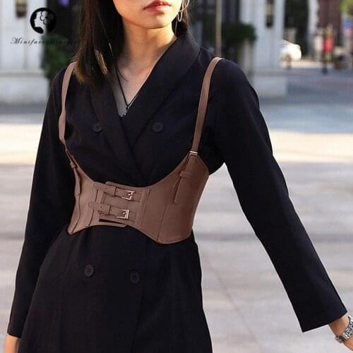 Vintage Womens Corset Vest Gothic Steampunk Harness Waistcoat Wide Cincher with Buckle Chest Support PU Leather Denim Push Up