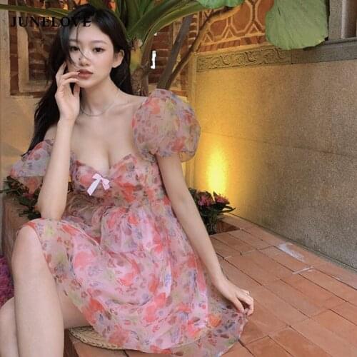 JuneLove Elegant Retro French Floral Female Dress Blue Short Sleeve Sexy Dress Korean Bowknot Design Floral Beach Party Dress