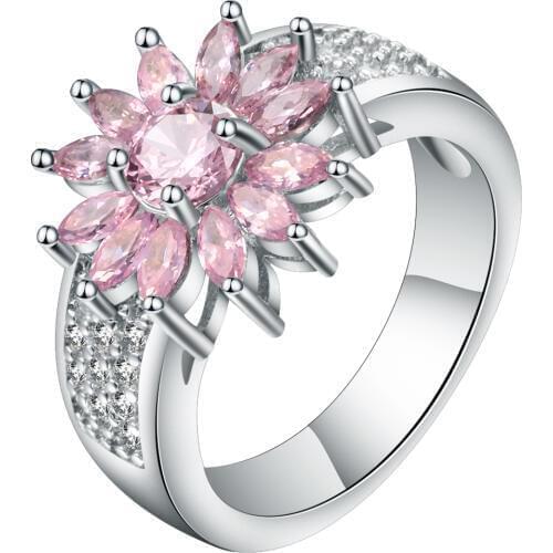 Laxury Pink Cubic Zirconia Flower Rings Women Silver Color Charm Pave Bands Finger Rings For Womens Anniversary Unique Gift