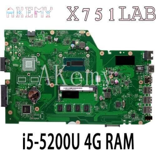AKEMY X751LAB original mainboard For Asus X751L K751L R752L R752L X751LA X751LN X751LK X751LJ 4G RAM i5-5200U Laptop motherboard