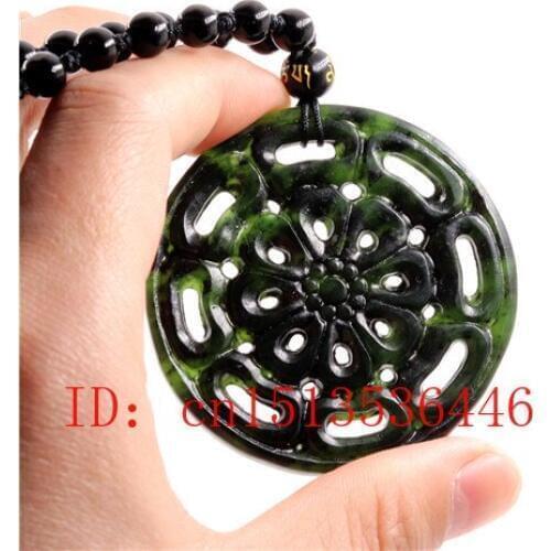 Hollow Out Double-sided Carved Flowers Jade Pendant Natural Chinese Black Green Necklace Charm Jewellery Fashion Amulet Gifts