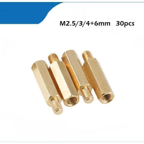 Free shipping 30Pcs M2.5/M3/M4+6mm Hex Nut Spacing Screw Brass Threaded Pillar PCB Standoff Spacer