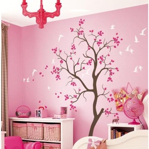 Large Nursery tree wall decal with Flying birds and cute leaves baby room wall mural sticker large tree Removable Vinyl D-126