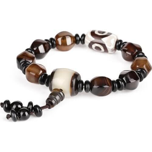 Big tube round beige brown black onyx semi precious stone beads beaded tassel end charm tibetan buddhism beads bracelet for man