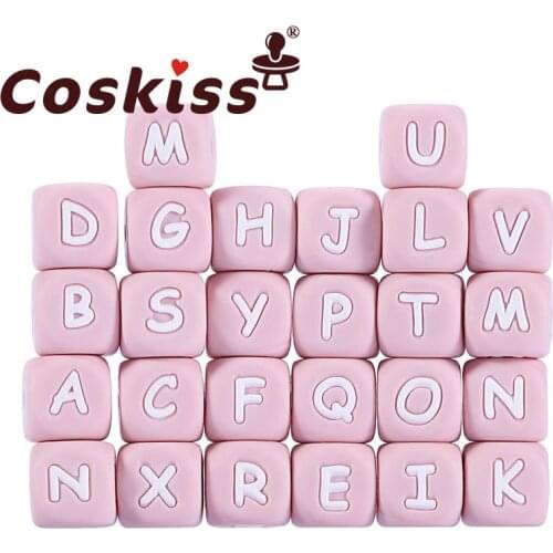 Coskiss 100pcs Silicone Teether Baby Toys Chewing Necklace Beading DIY Food Grade Silicone Letter Beads Pink Silicone Beads