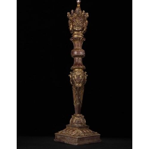 19" Tibet Buddhism Bronze Cinnabars Three-sided Mahakala Buddha Statue Puba King Kong Prong Dorje Vajra Phurba Dagger Holder