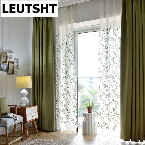 European Green Blackout Curtains Linen for Living Room Bedroom Leaves Tulle Sheer for Window Treatment Home Decor
