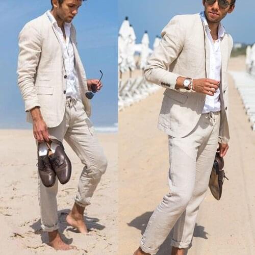2020 Classic Summer Mens Suit Beige Beach Linen Wedding Suits for Men Groom Tuxedo 2 pieces Casual Mens Suits Jacket Pants Set