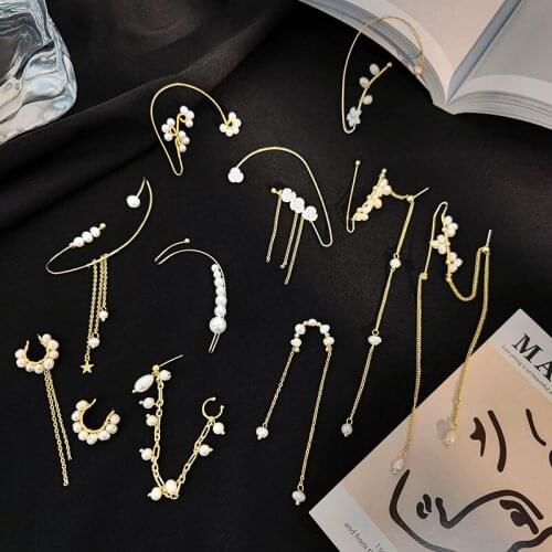 LOVOACC Fairy Multiple Irregular Baroque Pearl Clip Earrings for Women Ladies Gold Color Long Chain Tassel Earrings Oorbellen
