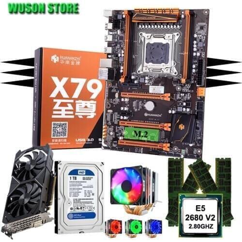 HUANANZHI deluxe X79 motherboard with M.2 SSD slot CPU E5 2680 V2 with cooler RAM 16G(4*4G) 1TB 3.5' SATA HDD GTX1050Ti 4G
