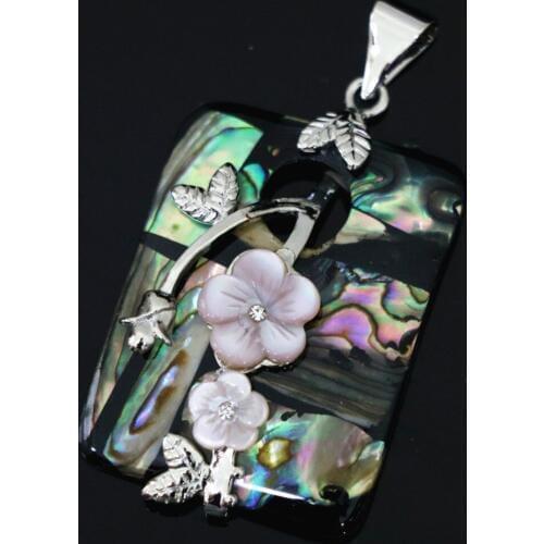 Fashion natural 30x44mm rectangle abalone shell carved plant flower silver-color plated pendant accessories B1117