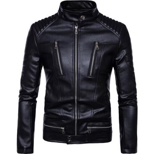 2020 British Style Mens Leather Jacket Autumn Slim fit Motorcycle Bomber Faux Leather Jacket Men Coats Multi-Zippers Size M-5XL