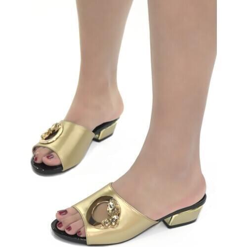 Latest Gold Medium Heel Slippers African Womens Causal Shoes With Rhinestones CR518 Heel 4CM