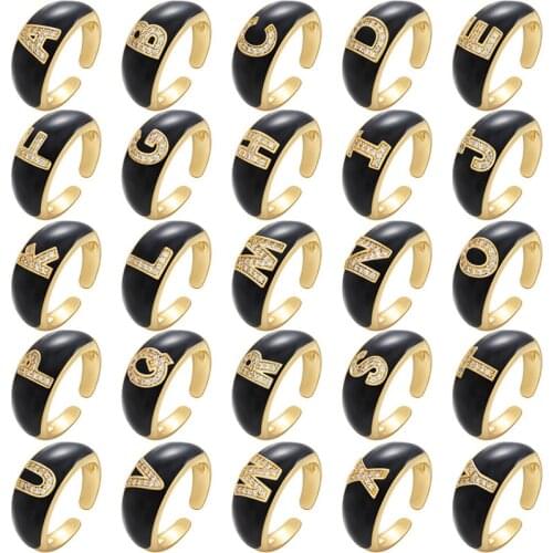 Simple Zircon ABC Letter Black Round Circle Open Ring for Women Men Trendy Gold Color Adjustable Size Finger Party Jewelry