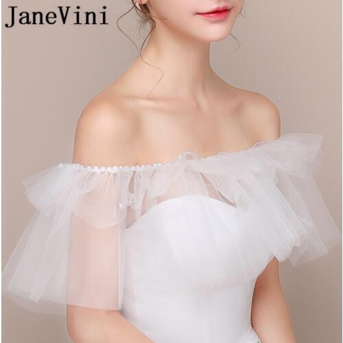 JaneVini Simple Tulle Off Shoulder Bridal Wedding Bolero White Pearls Decoration Lebanon Cheap Lace-Up Bride Wraps Accessories