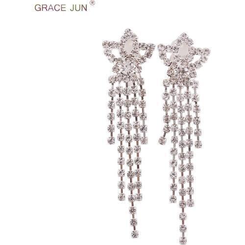 GRACE JUN Long Tassel Clip on Earrings No Pierced for Women High Quality Bridal Wedding Without Pierced Crown Earring Good Gift