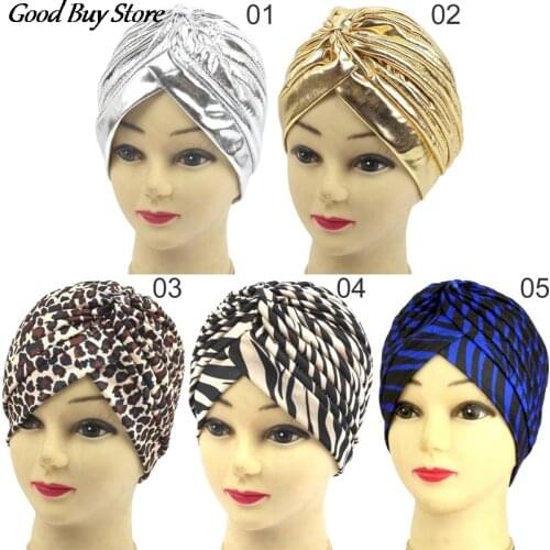 Indian Headwear Turban Caps African Muslim Hijab Head Wrap Fashion Headscarf Gold Silver Leopard Women Headband Hat Bonnet New