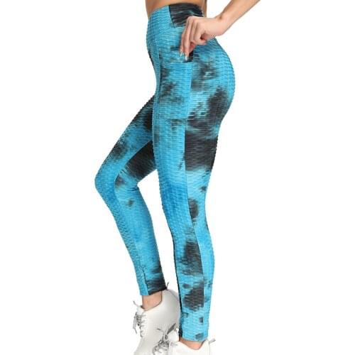 Tie-Dye High Waist Leggings Pocket Women Breathable Hip Lifting Exercise Bubble Push Up Slim Stretch Sport Pants leginsy damskie