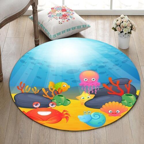 Funny Yellow Fish Blue Sea Red Crab Pink Octopus Round Carpet Baby Child Home Living Room Bedroom Area Carpet Bathroom Mat Kids